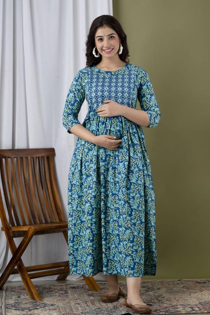 Pure Cotton Feeding Top Maxi Dress for New Mom | Zip Nursing-PEACOOK